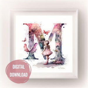 Iniciais de fada personalizadas para o berçário, letra M em arte em aquarela - estampas de letras Boho para tipografia de decoração de quarto de bebê, monograma para meninas