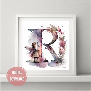 Iniciais de fada personalizadas para o berçário, letra R em aquarela - estampas de letras Boho para tipografia de decoração de quarto de bebê, monograma para meninas