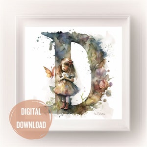 Iniciales de hadas personalizadas para la guardería, letra D en arte de acuarela - Impresiones de letras boho para tipografía de decoración de habitación de bebé, monograma para niñas