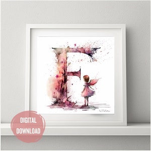 Iniciais de fada personalizadas para o berçário, letra F em arte em aquarela - estampas de letras Boho para tipografia de decoração de quarto de bebê, monograma para meninas