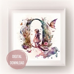 Iniciais de fada personalizadas para o berçário, letra Q em arte em aquarela - estampas de letras Boho para tipografia de decoração de quarto de bebê, monograma para meninas