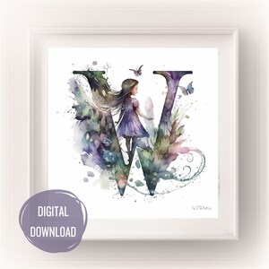 Iniciais de fada personalizadas para o berçário, letra W em arte em aquarela - estampas de letras Boho para tipografia de decoração de quarto de bebê, monograma para meninas