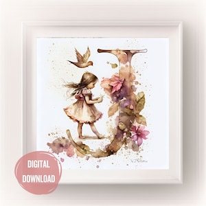 Iniciais de fada personalizadas para o berçário, letra J em arte em aquarela - estampas de letras Boho para tipografia de decoração de quarto de bebê, monograma para meninas
