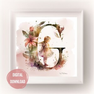 Iniciais de fada personalizadas para o berçário, letra G em arte em aquarela - estampas de letras Boho para tipografia de decoração de quarto de bebê, monograma para meninas
