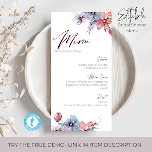 Floral Bridal Shower Menu, Bridal Shower Editable Menu, Floral Printable Menu, Modern Bridal Shower Menu, Pink, Red, Blue, Wildflower Menu