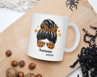 Taza de mamá otoñal, taza de café otoñal, arte lineal de rostro de mujer