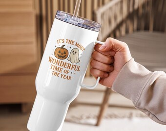 Vaso de viaje de Halloween con asa: Taza de acero inoxidable con fantasma y calabaza