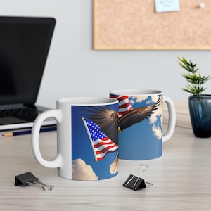 American Bald Eagle Ceramic Coffee Mug: Patriotic USA Flag Design