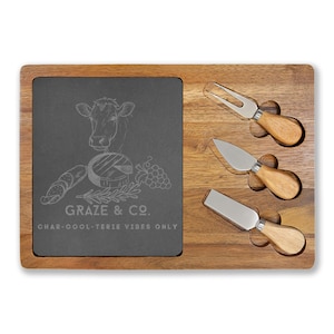 Engraved Acacia Wood Charcuterie Board, Slate Inlay, Cheese Knives