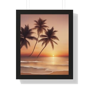 May include: Framed art print featuring a tropical beach scene at sunset. The artwork depicts three palm trees silhouetted against a vibrant orange and yellow sky. Gentle waves roll onto the sandy shore, reflecting the warm colors of the setting sun.