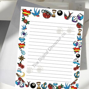 May include: A white sheet of paper with a lined writing area surrounded by a border of colorful tattoo-style images. The images include hearts, dice, anchors, swallows, and playing cards. The text "The Digital Dinosaur co." is printed in the lower right corner.