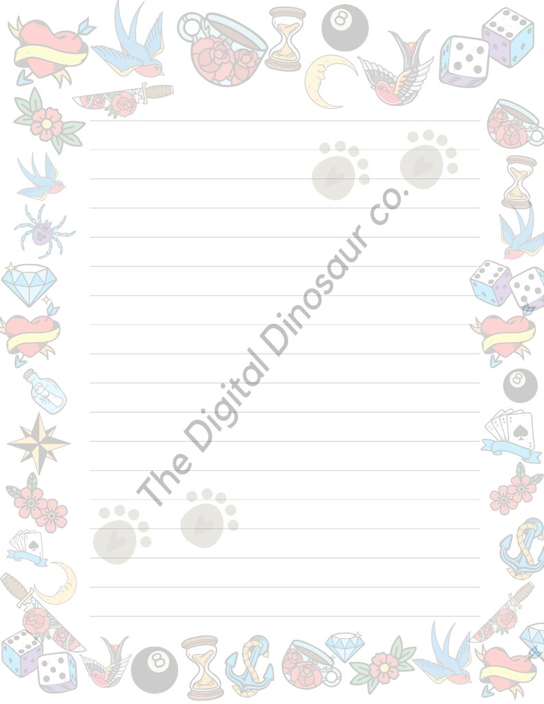 Punk Tattoo Writing Paper, Lined Paper, Colourful Note Paper, Alt ...