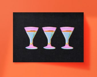 Martini Glasses Risograph Print (Black), Wall Decor for Dining Room, Risograph Print, Modern Art