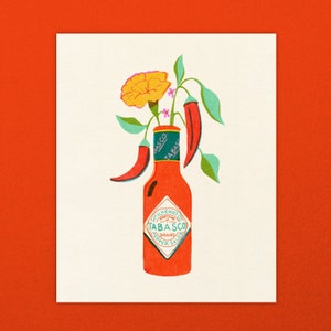 Tobacco Hot Sauce Flower Risograph Print, Risograph Poster, Floral Inspired Wall Art, Kitchen Art, Kitchen Poster
