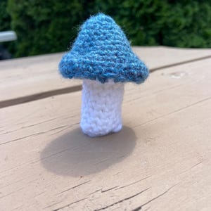 May include: A handmade crochet mushroom with a blue cap and white stem. The mushroom is sitting on a wooden surface, with a green background. The mushroom is a whimsical decorative item.