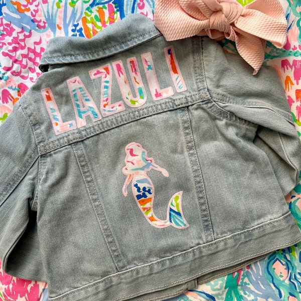 Personalized Lilly Inspired Ruffle Jean Jacket for Babies and Toddlers - Customized Name with Palm Beach Patterns