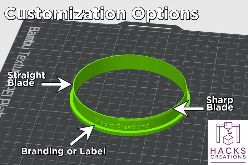 Op de afbeelding: Een felgroene ronde uitsteker met een recht mes en een scherp mes. Aan de zijkant van de uitsteker staat de tekst Hacks Creations. De afbeelding bevat labels die wijzen naar het rechte mes, het scherpe mes en de branding of het label.