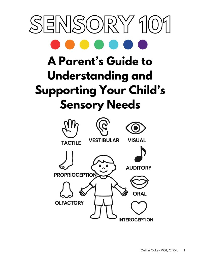May include: A black and white illustrated guide titled "SENSORY 101" with the subtitle "A Parent's Guide to Understanding and Supporting Your Child's Sensory Needs." The image includes icons representing sensory systems.