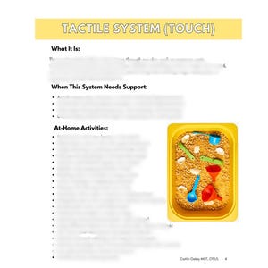 May include: A page titled "TACTILE SYSTEM (TOUCH)" with text about the tactile system. A yellow tray filled with sand, shells, and toys is shown, including a red funnel and a blue scoop. The page is numbered 4.