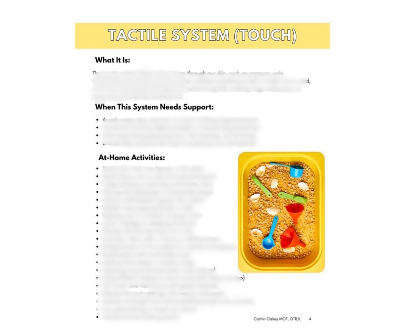 May include: A page titled "TACTILE SYSTEM (TOUCH)" with text about the tactile system. A yellow tray filled with sand, shells, and toys is shown, including a red funnel and a blue scoop. The page is numbered 4.