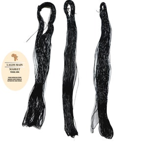 May include: Three bundles of black string, each tied at the top, against a white background.