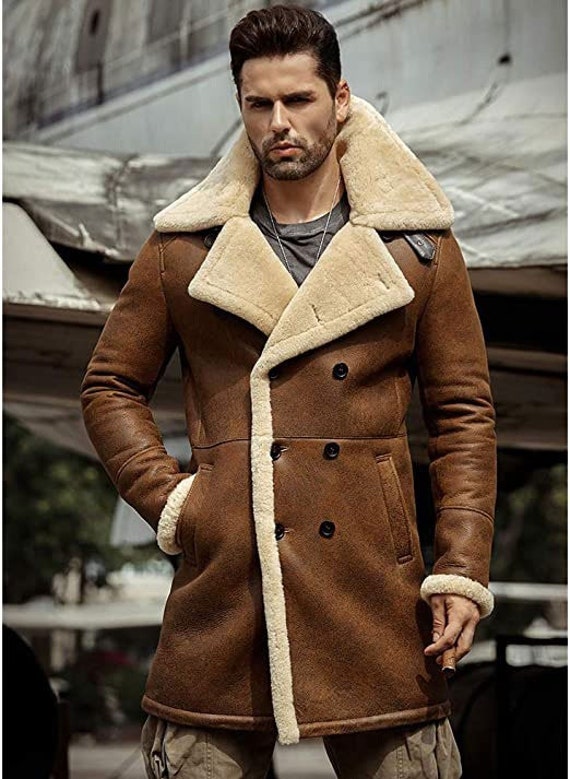 Mens Top Designer Double Breasted Leather Fur Shearling Coat