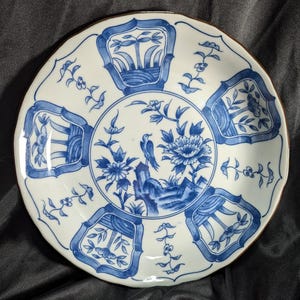 1960s Chinese hand-painted porcelain bowl with bird and flowers, signed