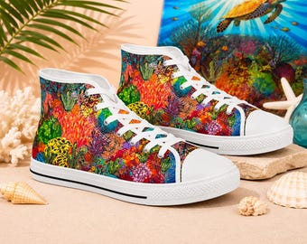 Zapatillas altas para hombre con diseño de fondo marino, zapatos de arrecife de coral, zapatillas coloridas con arte oceánico, zapatos de lona tropical, arte para vestir.