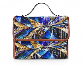 Blauwe en gouden geometrische waterdichte canvas handtas, artistieke crossbody schoudertas