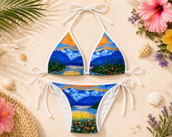 Wildflower Lake Bikini, Mountain Lake Swimsuit, Women's String Bikini, Wildflower Swimwear, Wearable Art Bikini, Vacation Beachwear