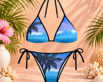 Women's Tropical Bikini Swimsuit, Blue Palm Tree Bikini, Ocean Art Swimwear, Wearable Art, Twilight Palms