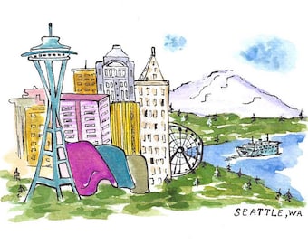 Seattle Skyline Watercolor Postcard: Space Needle & Mt Rainier