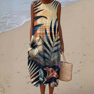 Tropical Hibiscus Print Midi Dress: Sleeveless Faux Linen Summer Dress