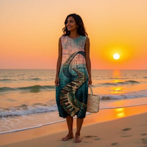Boho Print Midi Dress: Faux Linen Sleeveless Summer Dress