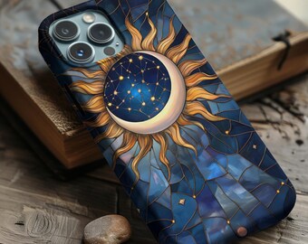 Mobilskal med stjärnhimmel i konstverk, telefonskal med 3D-motiv, målat glas, måne och stjärnor, iPhone 16 15 14 13 12, Galaxy S24 S23 S22