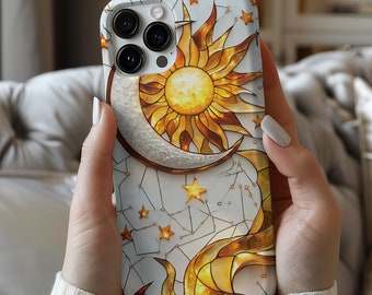 Faux Stain Glass Starry Night Sky Phone Case, 3D Celestial Stained Glass Moon & Stars Phone Cover, iPhone 16 15 14 13 12, Galaxy S23 S22 3
