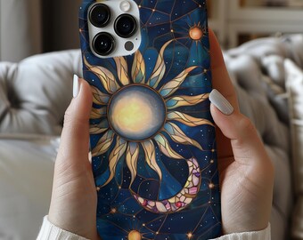 Mobilskal med stjärnhimmel i konstverk, telefonskal med 3D-motiv, målat glas, måne och stjärnor, iPhone 16 15 14 13 12, Galaxy S24 S23 S22