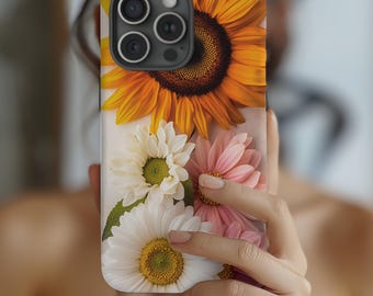 Funda floral para iPhone, con girasoles y margaritas, para iPhone 16, 15, 14, 13, 12 y 11, Galaxy S24 y S23, con flores de primavera, B18