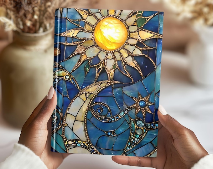 Celestial Boho Lunar Space Journal Notebook Gift For Her, Hardcover Witchy Moon and Sun Stained Glass Night Sky Lined Women's Dreams Diary 5