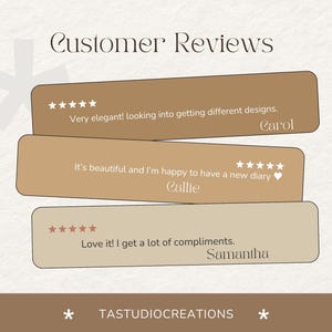 Puede incluir: Tres rese&ntilde;as de clientes para un producto. La primera rese&ntilde;a dice "&iexcl;Muy elegante! Estoy buscando dise&ntilde;os diferentes." y est&aacute; firmada por "Carol". La segunda rese&ntilde;a dice "Es precioso y estoy contenta de tener un nuevo diario." y est&aacute; firmada por "Callie". La tercera rese&ntilde;a dice "&iexcl;Me encanta! Recibo muchos cumplidos." y est&aacute; firmada por "Samantha".