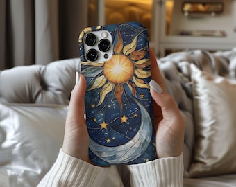 Celestial Moon and Stars Mystical Stained Glass Tough Galaxy Phone Case for Samsung Phone Cover for iPhone 16 15 14 13 12 11 iPhone 16Case