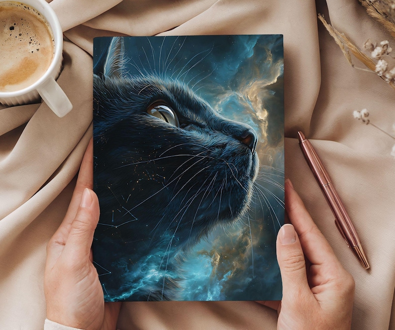 May include: A rectangular art print depicting a black cat's profile set against a backdrop of swirling blue and gold nebulas. The cat's fur is detailed, and its eye is focused upwards. A rose gold pen and a cup of coffee are in the background.