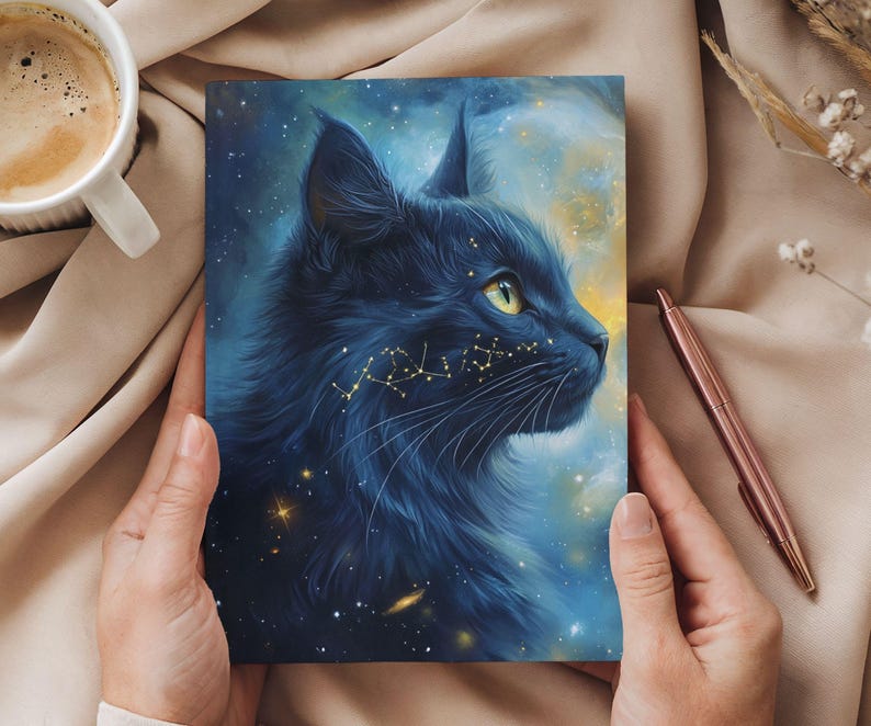 May include: A dark blue cat portrait with a starry night background. The cat's fur is detailed, and golden constellations are depicted on its face. The artwork is held by a person.