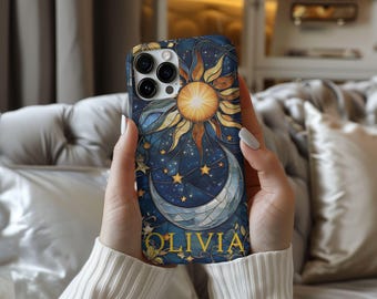 Celestial Moon and Stars Custom Stained Glass Tough Galaxy Phone Case for Samsung Phone Cover for iPhone 16 15 14 13 12 11 iPhone 16 Case