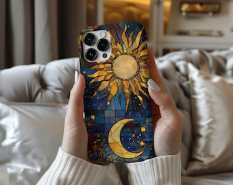 Celestial Moon and Stars Mystical Stained Glass Tough Galaxy Phone Case for Samsung Phone Cover for iPhone 16 15 14 13 12 11 iPhone 16Case