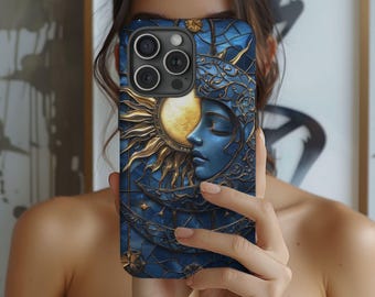 Celestial Moon and Stars Mystical Stained Glass Tough Phone Case for Samsung Phone Cover for iPhone 16 15 14 13 12 11 iPhone 16Case