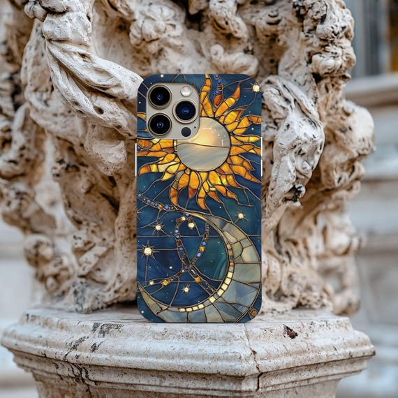 Celestial Stained Glass Phone Case, Starry Night Moon Stars 3D Faux Stain Cover, iPhone 16 15 14 13 12, Galaxy S23 S22