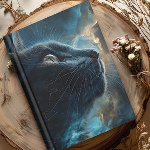 May include: A hardback journal with a black cat design against a celestial backdrop. The cat's face is detailed with long whiskers and a reflective eye. The cover art uses blues, golds, and whites, creating a dreamy, artistic aesthetic.