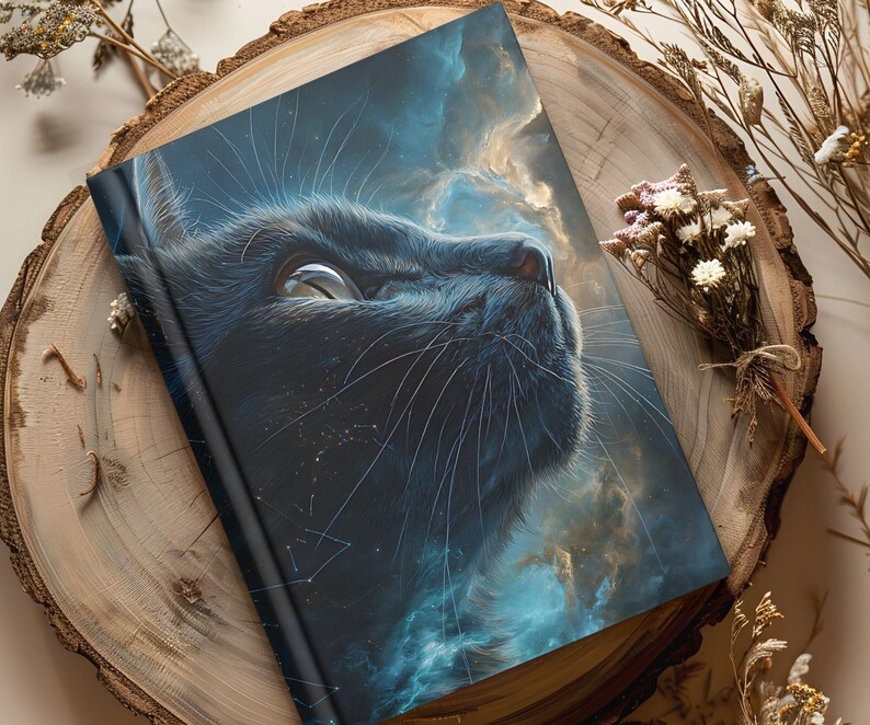 May include: A hardback journal with a black cat design against a celestial backdrop. The cat's face is detailed with long whiskers and a reflective eye. The cover art uses blues, golds, and whites, creating a dreamy, artistic aesthetic.