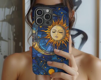 Celestial Moon and Stars Mystical Stained Glass Tough Phone Case for Samsung Phone Cover for iPhone 16 15 14 13 12 11 iPhone 16Case